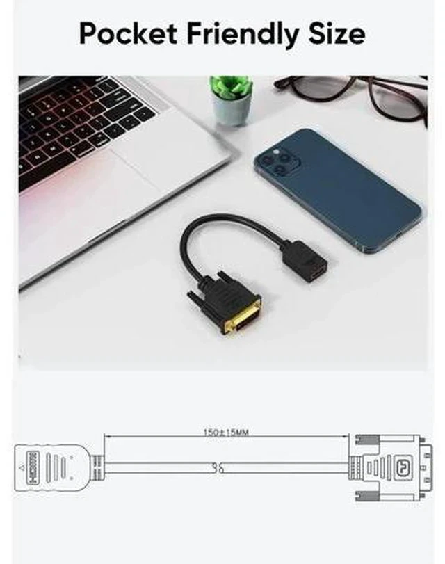Alt view image 2 of 7 - 0.5Ft/0.15M Bi-Directional HDMI Female to DVI 24+1 Male Adapter Cable, Gold-Plated HDMI to DVI Converter Cord, Supports 1080P & 3D, Black