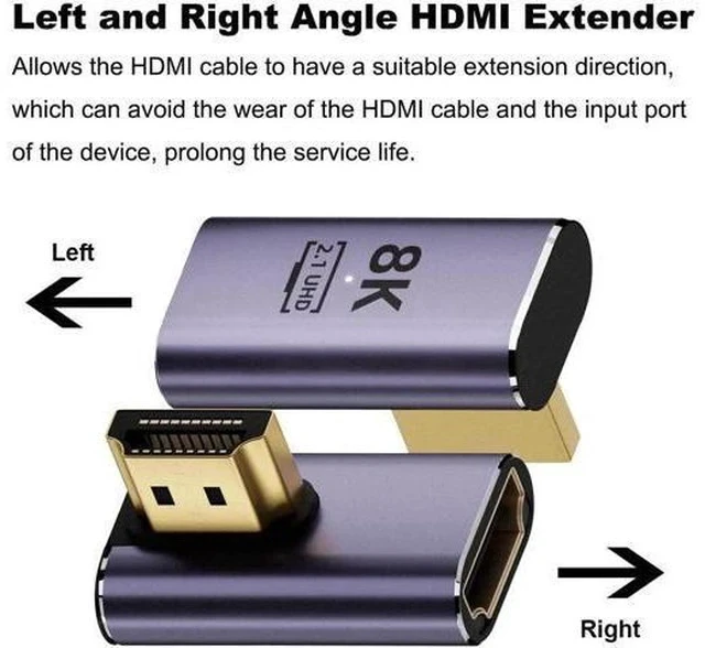 Alt view image 6 of 6 - 2 Pack 8K HDMI 2.1 Right Angle Adapters, Aluminum Alloy 90° Left/Right & 270° HDMI Male to Female Extender Connectors