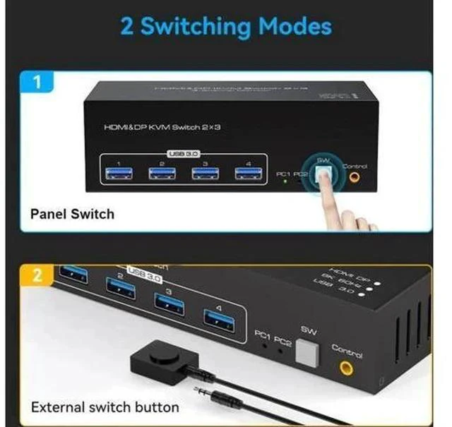 Alt view image 2 of 7 - 2-Port Triple Monitor KVM Switch (2DP+1HDMI), 8K@60Hz / 4K@144Hz, 4 USB3.0 Ports