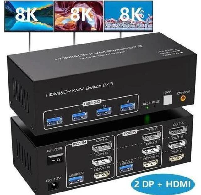 Alt view image 6 of 7 - 2-Port Triple Monitor KVM Switch (2DP+1HDMI), 8K@60Hz / 4K@144Hz, 4 USB3.0 Ports