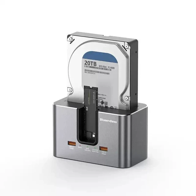 Alt view image 5 of 5 - Multi-Protocol Dual-Bay Hard Drive Docking Station Supports M.2 NVMe/SATA & 2.5/3.5 SATA Drives, USB 3.2 10Gbps, Standalone Offline Clone Function