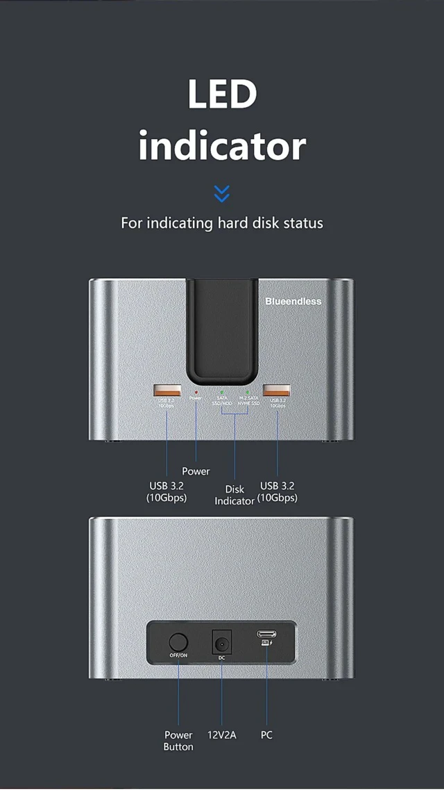 Alt view image 4 of 5 - Multi-Protocol Dual-Bay Hard Drive Docking Station Supports M.2 NVMe/SATA & 2.5/3.5 SATA Drives, USB 3.2 10Gbps, Standalone Offline Clone Function
