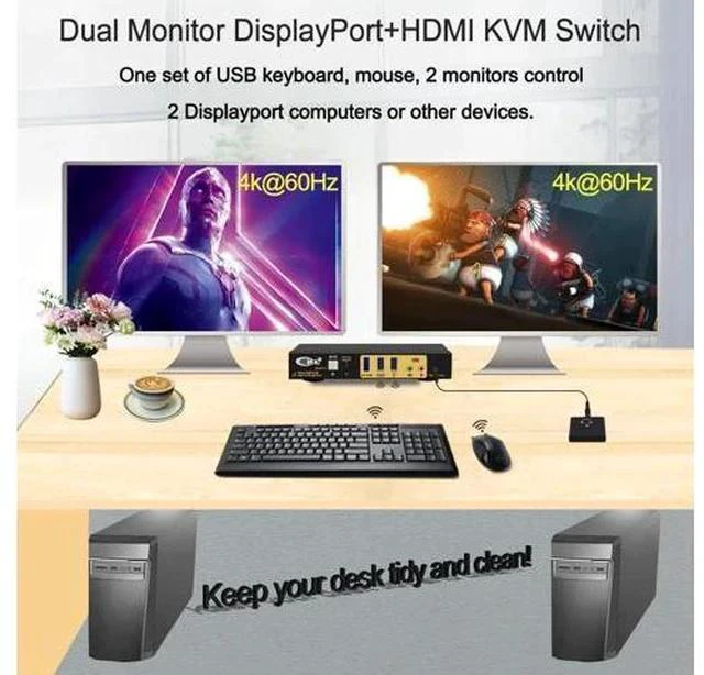 Alt view image 6 of 7 - CKL 2-Port DP MST KVM Switch, 1 DP Input to 1 DP + 1 HDMI Output for 2 PCs 2 Monitors