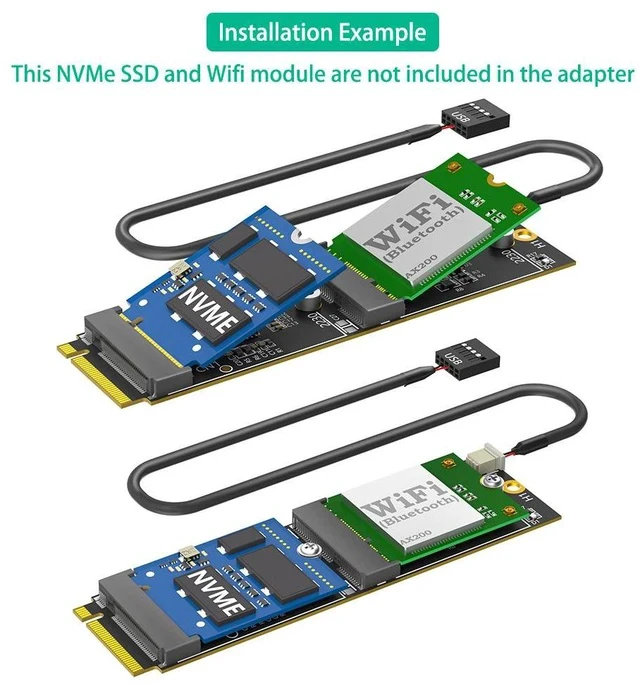 Alt view image 4 of 6 - 2-in-1 M.2 Key M NVMe SSD + E-Key WiFi / Bluetooth Combo Adapter Card M.2 to NVMe SSD + Wireless Module Converter for Desktop / Laptop