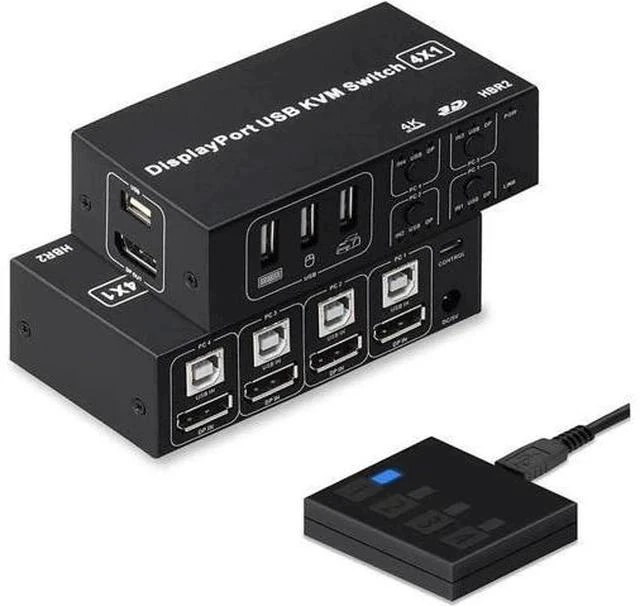 Main image of 4 Port DisplayPort KVM Switch 4K@60Hz, 4 In 1 Out DP USB KVM Switcher for 4 Computers Share Monitor Keyboard Mouse USB 2.0 Devices, 4 USB Cables Included