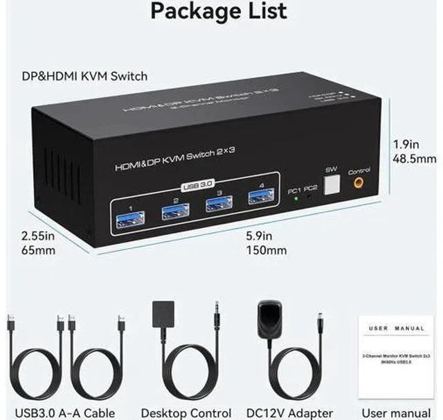 Alt view image 7 of 7 - 2-Port Triple Monitor KVM Switch (2DP+HDMI), 8K@60Hz & 4K@120Hz, USB3.0, Support Extended Display Mode