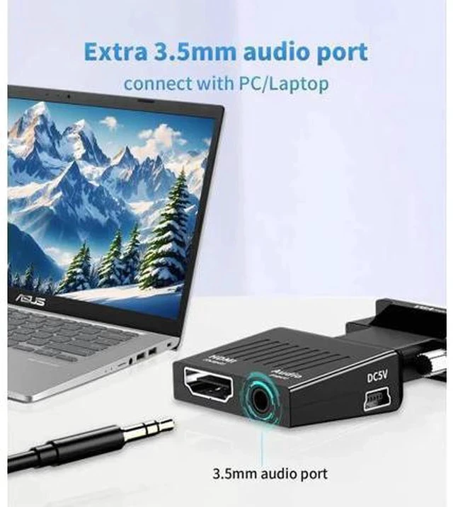 Alt view image 3 of 6 - Uni-Directional VGA Male to HDMI Female Adapter With 3.5mm Audio Jack Support 1080P 60Hz For Laptop PC Projector Monitor
