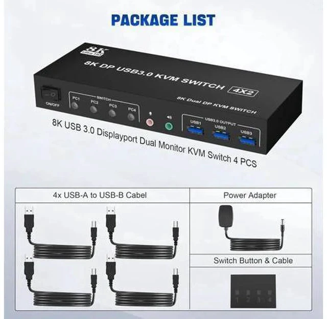 Alt view image 3 of 7 - 4-Port DP1.4 Dual Monitor USB3.0 KVM Switch 4 In 2 Out, 8K@60Hz, Audio Output & 3 USB3.0 Ports