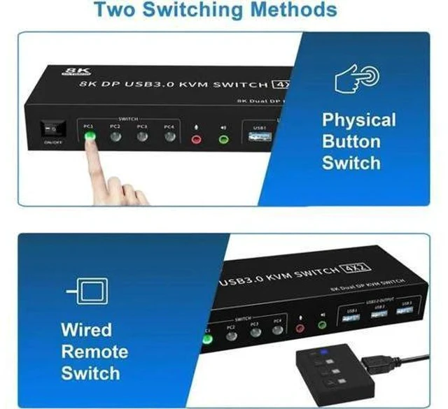 Alt view image 6 of 7 - 4-Port DP1.4 Dual Monitor USB3.0 KVM Switch 4 In 2 Out, 8K@60Hz, Audio Output & 3 USB3.0 Ports