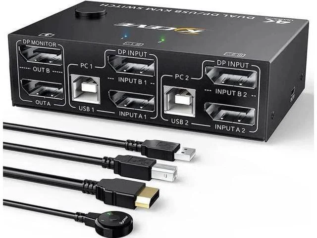 Main image of 2 Port DP 1.4 Dual Monitor KVM Switch 2 In 2 Out, 8K@30Hz 4K@144Hz USB3.0 KVM Switcher with 4-Port USB Hub, DP1.2 Backward Compatible, Comes with DP & USB Cables + Wired Remote Controller for 2 PCs Sh