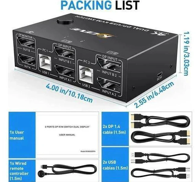 Alt view image 4 of 7 - 2 Port DP 1.4 Dual Monitor KVM Switch 2 In 2 Out, 8K@30Hz 4K@144Hz USB3.0 KVM Switcher with 4-Port USB Hub, DP1.2 Backward Compatible, Comes with DP & USB Cables + Wired Remote Controller for 2 PCs Sh