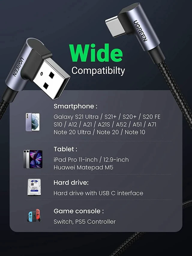 Alt view image 5 of 7 - UGREEN USB C Cable 90 Degree Type C Cable 18W Fast Charging USB A to USB C Cable Right Angle Compatible with iPad Mini 6Galaxy S21 S20 Note20 S21 Z Flip 3 Z Fold Pixel PS5 GoPro Hero 8 Switch 1.5ft