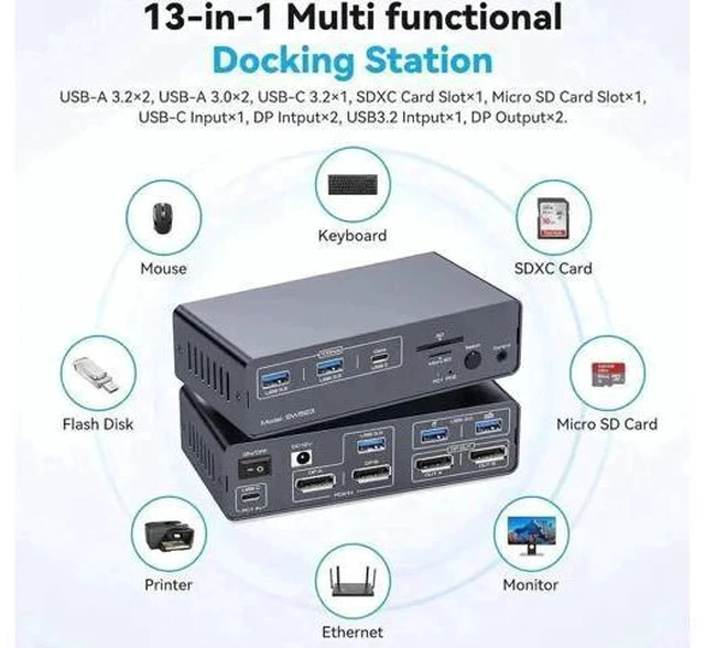 Alt view image 2 of 7 - 13-in-1 USB3.2 USB-C DP KVM Switch Docking Station, Dual Monitor Type-C + DisplayPort KVM Dock 4K@120Hz for 1 Laptop & 1 Desktop Share Two Monitors USB Peripherals
