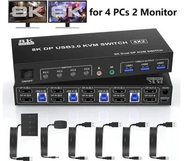 Main image of 4-Port DP1.4 Dual Monitor USB 3.0 KVM Switch, 8K@60Hz, Audio & Mic Jacks, 3 USB 3.0 Ports