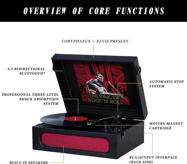 Alt view image 6 of 7 - Elvis Bluetooth Protable Record Player 3-Speed Bluetooth Input and Output Turntable Built-in Speakers with Magnetic Cartridge Auto Off - Elvis Presley '68