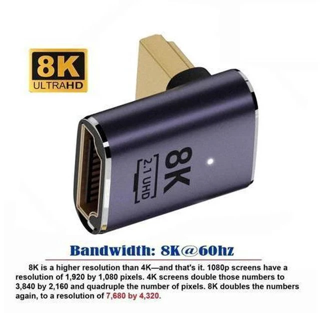 Alt view image 6 of 7 - Vertical Up 90° Low Profile HDMI 2.1 Extension Adapter, HDMI Male to Female Connector Supports 8K@60Hz UHD HDTV