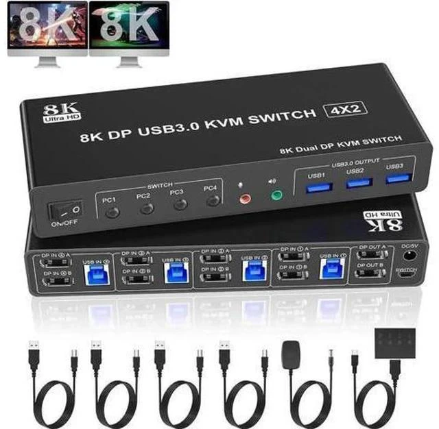 Main image of 4-Port DP1.4 Dual Monitor USB 3.0 KVM Switch, 8K@60Hz, Audio & Microphone Jacks, 3 USB 3.0 Ports