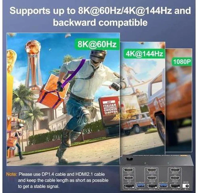 Alt view image 6 of 7 - 2 In 3 Out Triple Monitor 2HDMI+DP Hybrid KVM Switch 8K@60Hz 4K@144Hz USB 3.0, Support Extended Display, Wired Controller & USB 3.0 Cables Included for 2 PCs Share 3 Displays