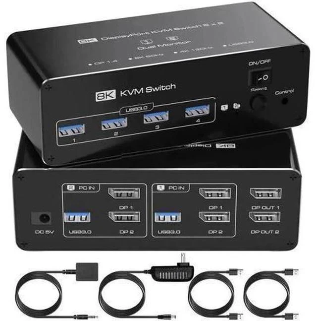 Main image of 2 Port Dual Monitor DP USB3.0 KVM Switch 8K@60Hz/4K@144Hz, 4 USB3.0 Ports, Support Extended & Mirrored Modes, Remote Controller & USB Cables Included for 2 PCs