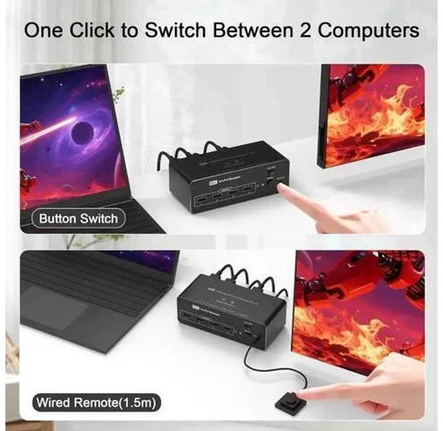 Alt view image 2 of 7 - 2 Port Dual Monitor DP USB3.0 KVM Switch 8K@60Hz/4K@144Hz, 4 USB3.0 Ports, Support Extended & Mirrored Modes, Remote Controller & USB Cables Included for 2 PCs