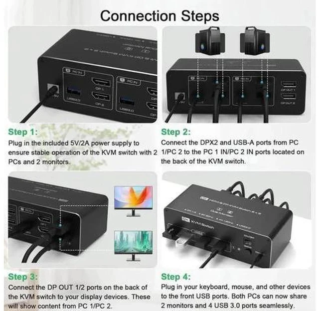 Alt view image 5 of 7 - 2 Port Dual Monitor DP USB3.0 KVM Switch 8K@60Hz/4K@144Hz, 4 USB3.0 Ports, Support Extended & Mirrored Modes, Remote Controller & USB Cables Included for 2 PCs