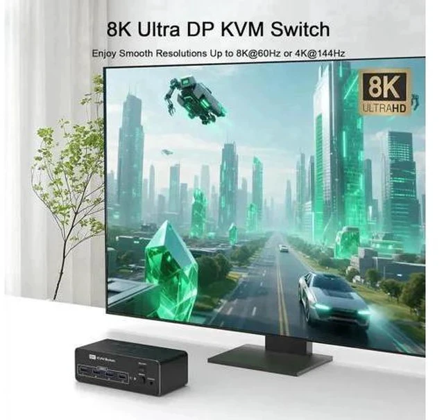 Alt view image 3 of 7 - 2 Port Dual Monitor DP USB3.0 KVM Switch 8K@60Hz/4K@144Hz, 4 USB3.0 Ports, Support Extended & Mirrored Modes, Remote Controller & USB Cables Included for 2 PCs