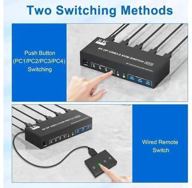 Alt view image 3 of 7 - 4-Port DP1.4 Triple Monitor USB3.0 KVM Switch, 8K@60Hz, Audio & Mic + 3 USB3.0 Ports for 4 PCs