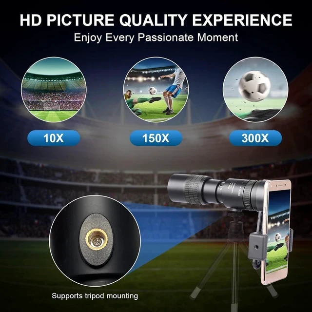 Alt view image 2 of 5 - Portable 10-300X40 Zoom Monocular Telescope Continuous Zoom High-Power HD, Phone Adapter for Outdoor Low-Light Night Vision Travel