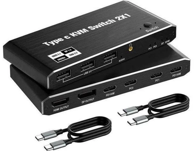 Main image of 2 Port USB-C KVM Switch 8K@60Hz 4K@120Hz, Dual Output HDMI+DP Type-C KVM Switcher for 2 PCs Share Single Monitor, 100W PD Charging, 3 USB 2.0 Ports, 2 USB-C Cables Included