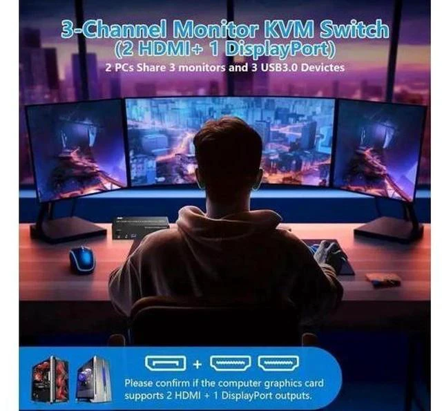 Alt view image 3 of 7 - 2 Port Triple Monitor 2HDMI+DP KVM Switch USB3.0, With 1000Mbps RJ45 Ethernet, 3 USB3.0 Ports, 3.5mm Audio Mic & Wired Remote for 2 PCs Share 3 Displays