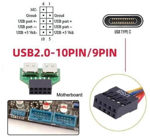 Alt view image 4 of 7 - Dual Port USB 3.1 Type-C Female to Motherboard 9Pin 10Pin USB Header Adapter PCBA, 480Mbps USB 2.0 Internal Front Panel Connector for DIY PC Case