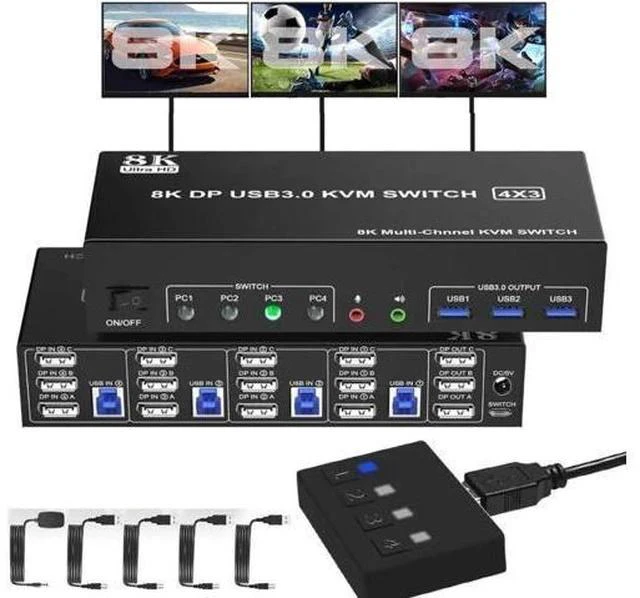 Main image of 4-Port DP1.4 Triple Monitor USB 3.0 KVM Switch, 8K Ultra HD, Audio & Mic Jacks, 3 USB3.0 Ports