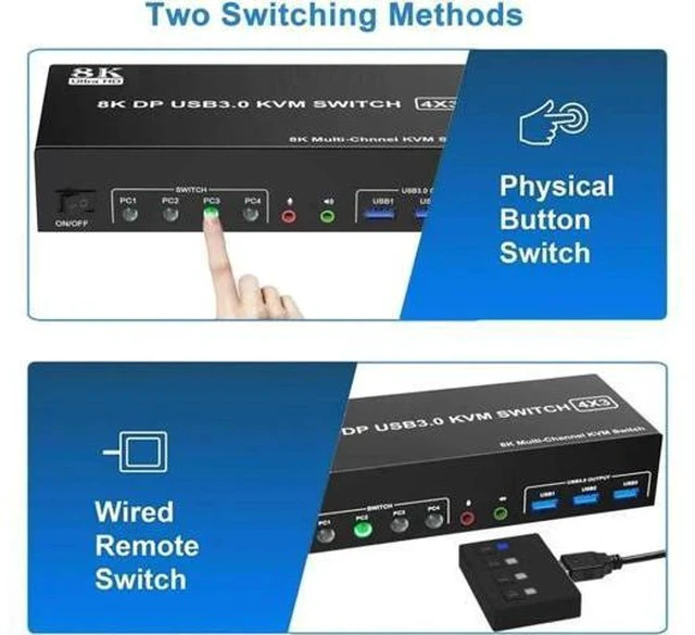 Alt view image 4 of 7 - 4-Port DP1.4 Triple Monitor USB 3.0 KVM Switch, 8K Ultra HD, Audio & Mic Jacks, 3 USB3.0 Ports