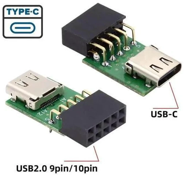 Alt view image 3 of 7 - Single Port USB-C Female to Motherboard 9Pin 10Pin USB Header PCBA Adapter, 480Mbps USB 2.0 Internal Front Panel Connector for DIY Desktop PC