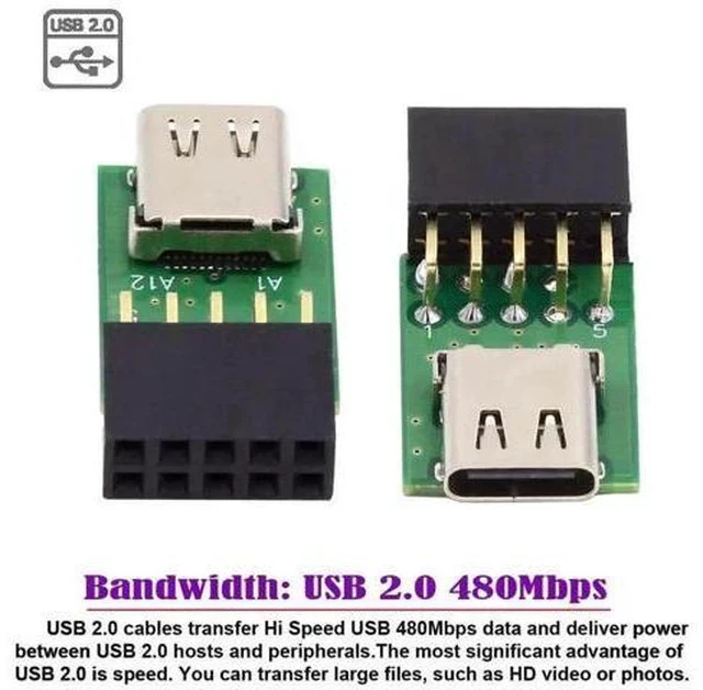 Alt view image 4 of 7 - Single Port USB-C Female to Motherboard 9Pin 10Pin USB Header PCBA Adapter, 480Mbps USB 2.0 Internal Front Panel Connector for DIY Desktop PC