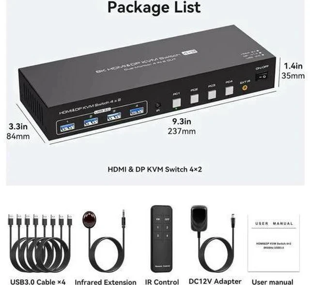 Alt view image 2 of 7 - 4 Port Hybrid HDMI+DP Dual Monitor KVM Switch, 8K@60Hz 4K@120Hz USB3.0 KVM Switcher with 4 USB3.0 Ports, Remote Control & Power Adapter for 4 PCs Share 2 Displays, Support Extend & Mirror Mode