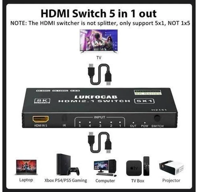 Alt view image 2 of 7 - 5 in 1 Out HDMI 2.1 8K Switch with IR Remote, 48Gbps High Speed 5-Port HDMI Switcher Selector Box Support 8K@60Hz 4K@120Hz, HDR10+, HDCP2.3 & 3D for PS5/PS4/PS3, Xbox Series X, Nintendo Switch, Laptop