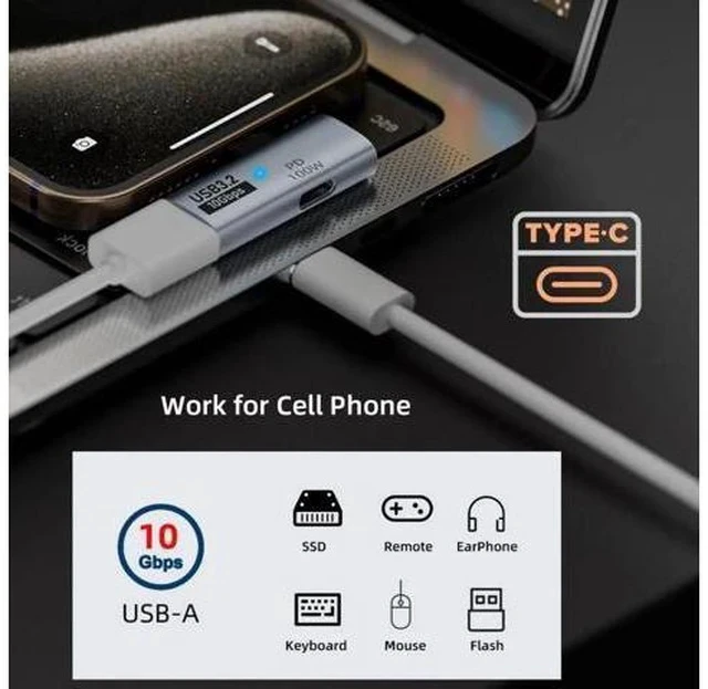 Alt view image 3 of 7 - 2 in 1 USB-C OTG Adapter, USB 3.2 10Gbps Data Transfer 100W PD Fast Charging Type-C Converter for Phones Laptops Tablets