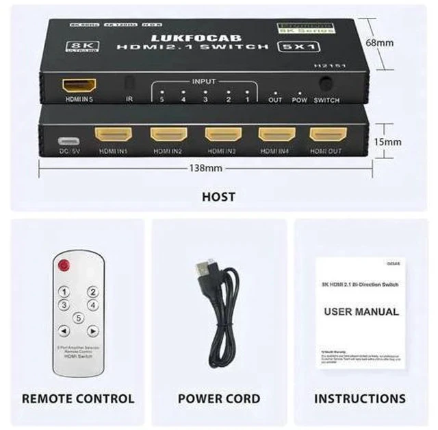 Alt view image 5 of 7 - 5 in 1 Out HDMI 2.1 8K Switch with IR Remote, 48Gbps High Speed 5-Port HDMI Switcher Selector Box Support 8K@60Hz 4K@120Hz, HDR10+, HDCP2.3 & 3D for PS5/PS4/PS3, Xbox Series X, Nintendo Switch, Laptop