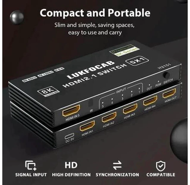 Alt view image 7 of 7 - 5 in 1 Out HDMI 2.1 8K Switch with IR Remote, 48Gbps High Speed 5-Port HDMI Switcher Selector Box Support 8K@60Hz 4K@120Hz, HDR10+, HDCP2.3 & 3D for PS5/PS4/PS3, Xbox Series X, Nintendo Switch, Laptop