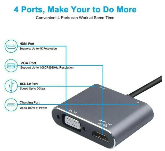 Alt view image 3 of 5 - 4-in-1 USB-C Docking Station Type-C to HDMI / VGA Converter, USB 3.0 Hub, PD Fast Charging, Multi-Port Adapter for Laptop / Tablet / Phone