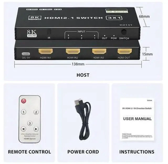 Alt view image 4 of 7 - HDMI 2.1 Switch 3 in 1 Out, 8K@60Hz 4K@120Hz 48Gbps HDMI Switch Box, Supports HDCP2.3 HDR10 CEC Auto Switching, Compatible with PS5, Xbox Series X/S, Nintendo Switch, PC, DVD Player, HDTV Monitor
