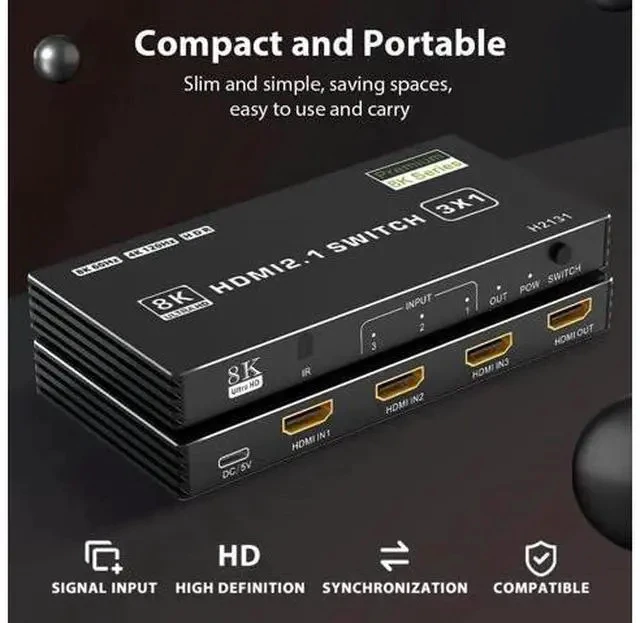 Alt view image 7 of 7 - HDMI 2.1 Switch 3 in 1 Out, 8K@60Hz 4K@120Hz 48Gbps HDMI Switch Box, Supports HDCP2.3 HDR10 CEC Auto Switching, Compatible with PS5, Xbox Series X/S, Nintendo Switch, PC, DVD Player, HDTV Monitor