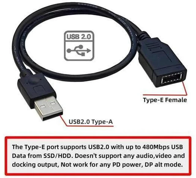Alt view image 5 of 7 - 1.31FT USB2.0 Male to Type-E Key-A Female Extension Cable, Mainboard Header to Front Panel Type-C Port Adapter
