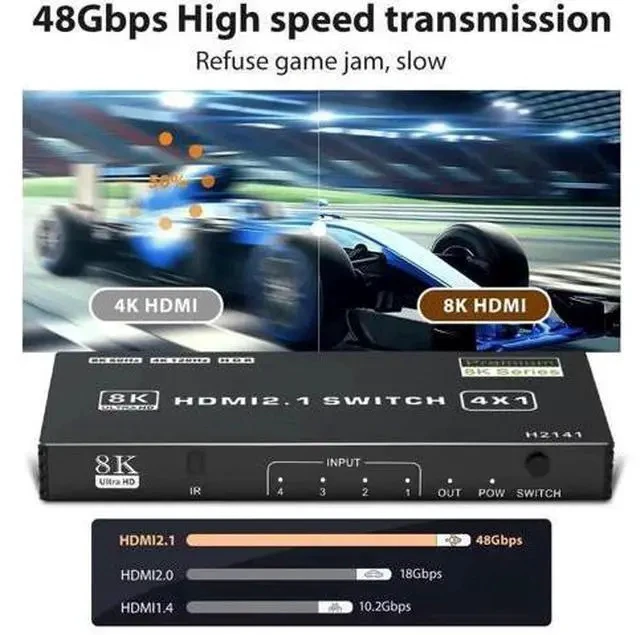 Alt view image 2 of 7 - 8K HDMI 2.1 Switch 4 in 1 Out, 48Gbps High Speed HDMI Switch Box with IR Remote & Auto Switching, Supports HDR10 HDCP2.3, Compatible with PS5, PS4, PS3, Xbox, Nintendo Switch, HDTV & Monitor
