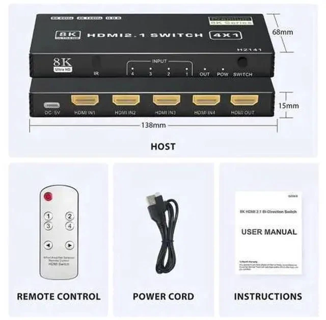 Alt view image 6 of 7 - 8K HDMI 2.1 Switch 4 in 1 Out, 48Gbps High Speed HDMI Switch Box with IR Remote & Auto Switching, Supports HDR10 HDCP2.3, Compatible with PS5, PS4, PS3, Xbox, Nintendo Switch, HDTV & Monitor