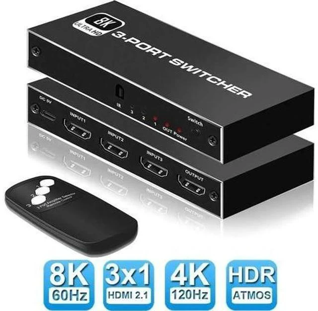 Main image of 3 in 1 Out 8K HDMI 2.1 Switch with IR Remote, 48Gbps High Speed HDMI Switcher Selector Supports 8K@60Hz, 4K@120Hz, 2K@144Hz, HDR, CEC, Dolby Vision, HDCP 2.3 for PS5, Xbox Series X/S, PC, UHD TV, Moni