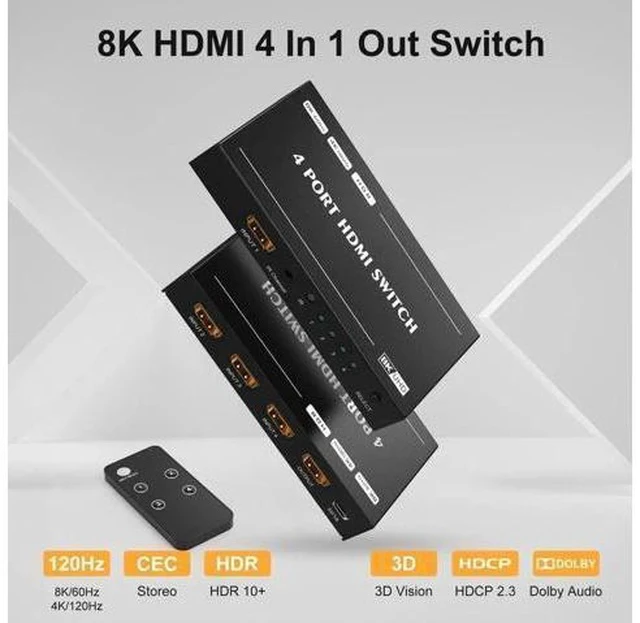 Alt view image 6 of 7 - 4 in 1 Out 8K HDMI 2.1 Switcher with Remote Control, Directional HDMI Switch 48Gbps High Speed, Supports 8K@60Hz, 4K@120Hz Ultra HD Video