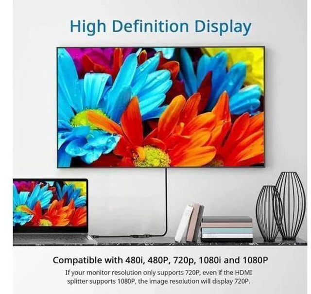 Alt view image 3 of 7 - 1 In 2 Out HDMI Splitter Cable, 1080P Full HD Male to Dual Female Y Splitter Cord for HDTV, LED & LCD Displays