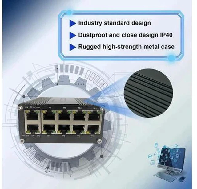 Alt view image 7 of 7 - 10 Port Industrial Hardened Gigabit Ethernet Switch, Compact 10/100/1000BASE-T RJ45 Network Switch with Auto-MDI/MDI-X, 12-48VDC Wide Voltage Power Input, Supports Half/Full Duplex